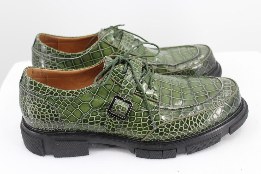 Marc Nolan Olive Green Croc-Embossed Leather Monk Strap Loafers size 13